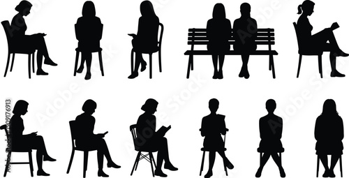 Silhouette people sitting on chairs and benches in various postures reading books using smartphones lifestyle vector illustration design art