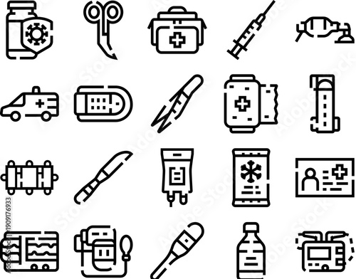 Essential black line icons illustrating various medical emergency tools, first aid supplies, and healthcare equipment for immediate medical intervention and patient care