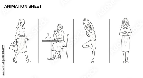 Animation Sheet: Woman Walking, Drinking Tea, Yoga Pose, Reading Book