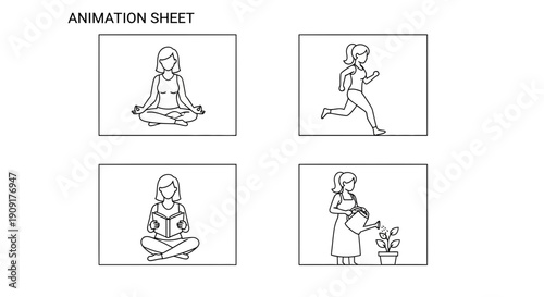 Animation Sheet: Woman Meditating, Running, Reading, Watering Plants