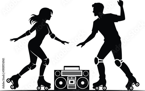 Silhouette roller skaters dancing with boombox, protective gear vector illustration, retro disco culture, music lifestyle design, entertainment art, 1980s concept