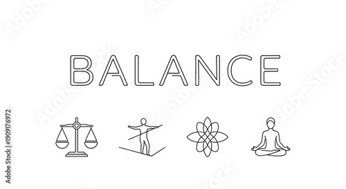 Balance Concept Icons: Scales, Tightrope Walker, Atom, Meditating Person