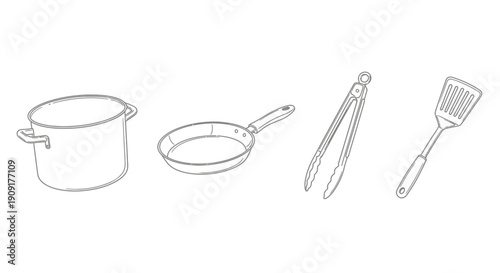 Kitchen Utensils: Pot, Frying Pan, Tongs, and Spatula - Line Art Illustration