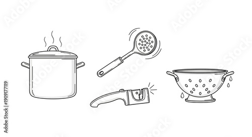 Kitchen Utensils: Pot, Skimmer, Sharpener, Colander - Cooking and Food Preparation Tools