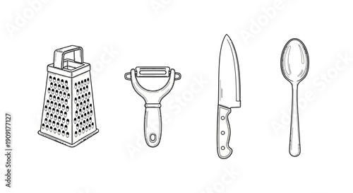 Kitchen Utensils Set: Grater, Peeler, Knife, Spoon - Hand-Drawn Line Art