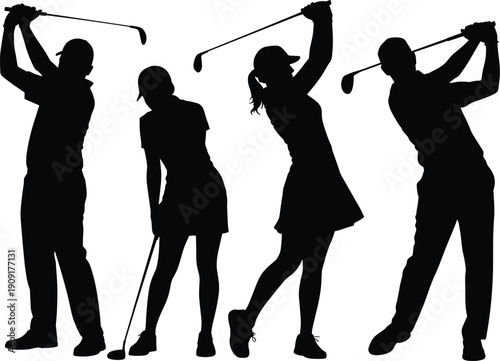 Silhouette vector illustration of four golfers performing swings, backswing, stance, and follow-through poses, representing dynamic movements in golf sport.