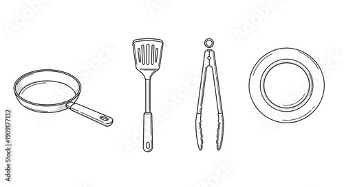 Kitchen Utensils Set: Frying Pan, Spatula, Tongs, and Plate - Line Art Illustration