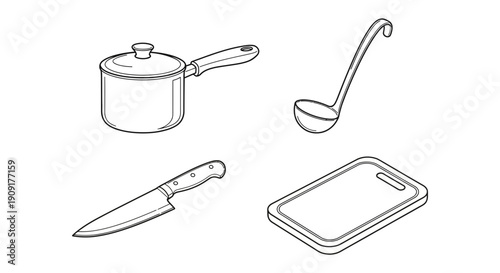 Kitchen Utensils Set: Pot, Ladle, Knife, Cutting Board - Black and White Line Art