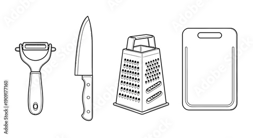 Kitchen Utensils Set: Peeler, Knife, Grater, Cutting Board - Line Art