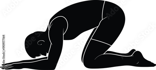 Silhouette vector illustration of person practicing yoga child’s pose, relaxing, stretching back, hips, shoulders, and promoting mindfulness in exercise.