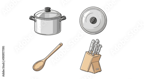Kitchen Utensils Set: Pot, Lid, Spoon, Knife Block - Cooking Essentials