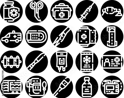 Set of emergency medical and first aid icons illustrating essential healthcare equipment, tools, supplies, and services for immediate care and treatment
