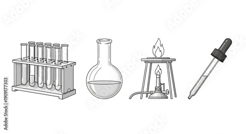 Laboratory Equipment: Test Tubes, Flask, Burner, Dropper - Science and Chemistry Illustration