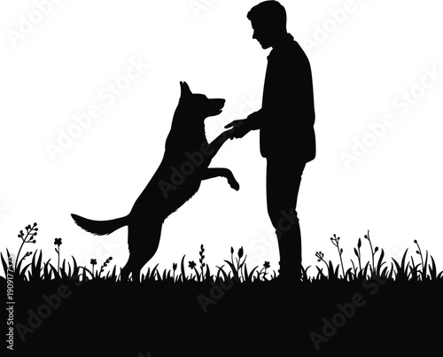 Silhouette vector of person playing with dog outdoors on grass, symbolizing friendship, trust, training, and companionship in nature