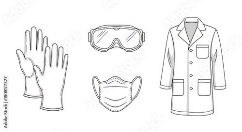 Laboratory safety equipment: gloves, goggles, mask, and lab coat