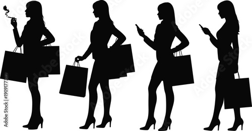 Silhouette women shopping lifestyle illustration with bags, smoking cigarette, smartphone usage, modern consumer behavior fashion vector design art