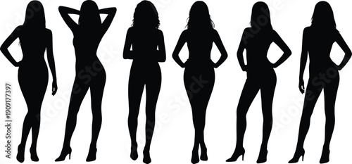 Silhouette women standing in stylish poses vector illustration showing diverse body shapes, fashion posture, elegance, beauty, art, design collection