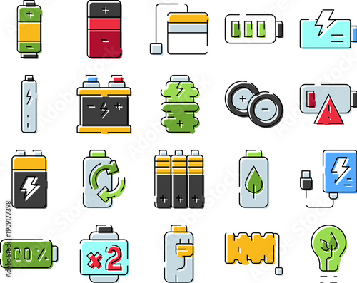 Battery power charging icon set illustrating energy storage, recycling, and sustainable electricity concepts with various cell types, charging states, and low power warnings
