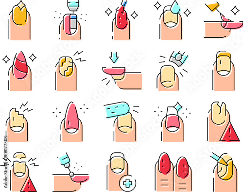 Collection of different nail procedures including filing, shaping, polishing, extending, repairing, and removing, illustrating various steps in manicure and pedicure treatments