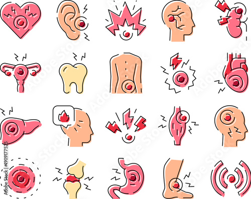 Collection of outline icons representing various human body pains and medical symptoms. Illustrating different types of ache. Injury. Inflammation. And health problems across various organs and joints