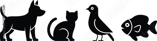 Stylized animal silhouettes of dog, cat, bird, and fish representing household pets, companionship, domestic animals, education, and design elements.