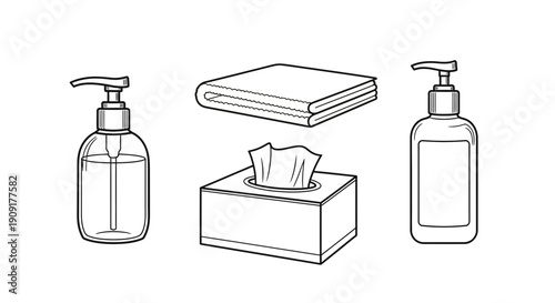 Hygiene essentials: hand sanitizer, tissues, and soap dispenser in a clean line art illustration.