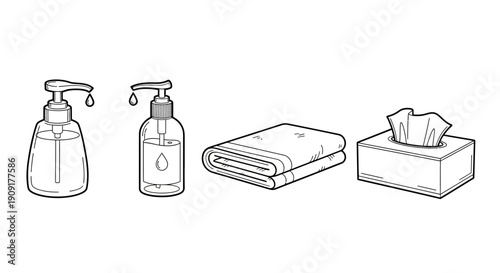 Hygiene Essentials: Hand Sanitizer, Soap Dispenser, Towel, and Tissues - Cleanliness Concept