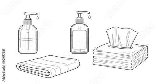 Hygiene Essentials: Hand Sanitizer, Soap, Towel, and Tissues - Cleanliness Concept