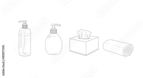 Hygiene Essentials: Hand Sanitizer, Soap Dispenser, Tissues, and Rolled Towel