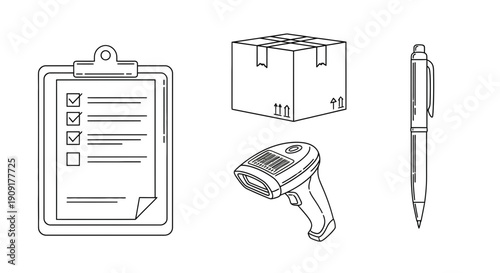 Inventory checklist, barcode scanner, package box, and pen on white background, logistics concept