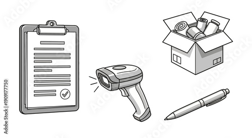 Inventory Management: Clipboard, Scanner, Box, Pen - Business Logistics and Supply Chain Concept