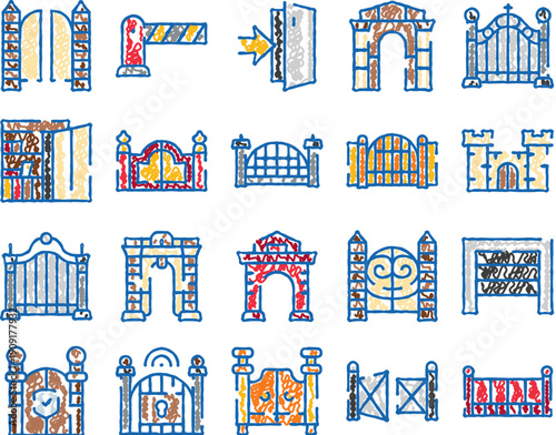 Collection of different gate, doorway, and entrance icons designed with a hand drawn sketch style, representing access, security, and architectural barriers for various applications