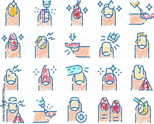 Nail care icons showing manicure and pedicure procedures, polish application, filing, clipping, cuticle care, repair and treatment for damaged, infected or healthy nails