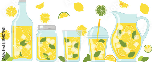Fresh Homemade Lemonade Set in Bottle Glass Mason Jar and Pitcher with Lemon Slices Ice Cubes and Mint Leaves for Summer Refreshment Menu Design