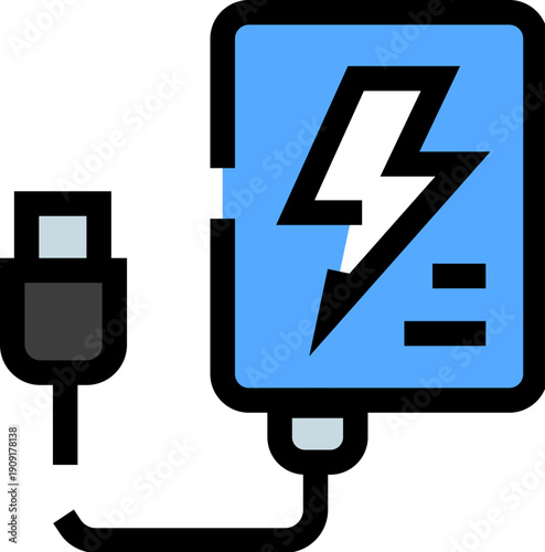 Portable power bank icon presenting a blue device with a lightning bolt symbol indicating battery energy and electricity, connected to a usb cable for charging electronic devices
