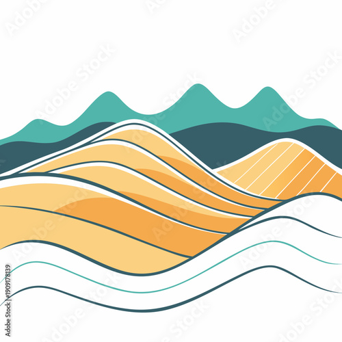 A stylized illustration of wavy hills and mountains in shades of yellow green and blue