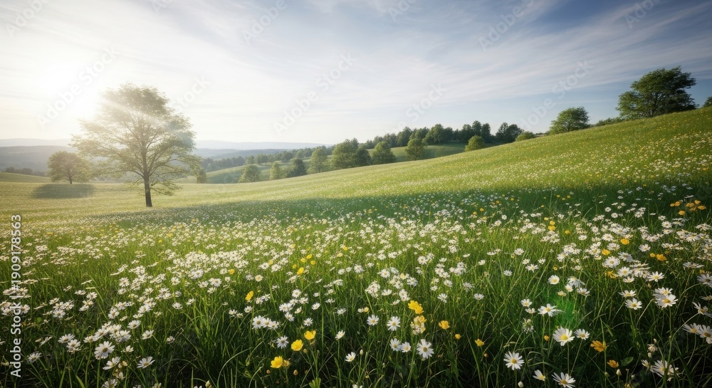 Fototapeta premium A serene landscape featuring a field of dandelions under a blue sky.