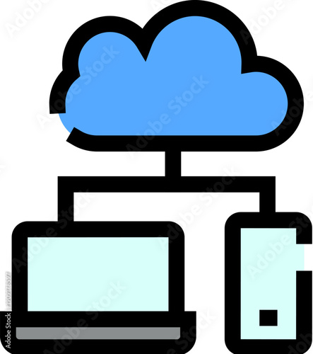 Cloud icon connecting to a laptop and smartphone icon, illustrating data synchronization, network communication, storage, and modern digital connectivity between multiple devices