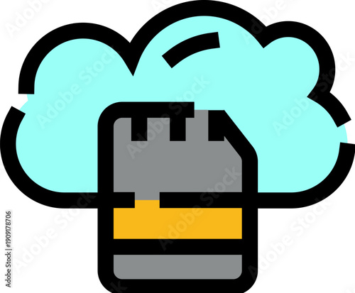 Sd card icon representing digital memory and data storage integrating with a cloud icon, symbolizing online connectivity, file transfer, and hosting services
