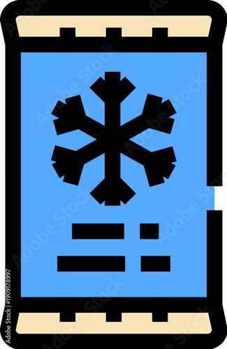 Frozen food package illustration displaying a snowflake symbol, representing cold storage and refrigeration for perishable meals, prepared ingredients, and processed foods