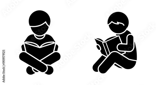 Kids reading book icon set – child reading silhouette vector icons