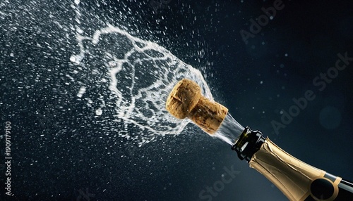 Konstfotografi Dynamic Champagne Explosion: Cork Popping and Sparkling Liquid Spraying Against Dark Background