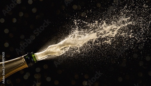 Photography Exploding Champagne Bottle with Sparkling Spray on Black Background, Perfect for