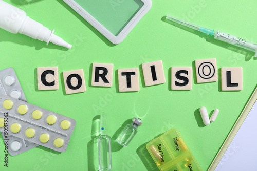 Word CORTISOL with pills, a...