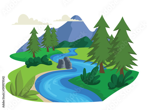 Forest scene with river running through, river from mountain