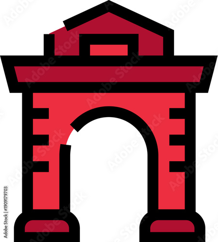 Famous landmark style archway symbolizing historical gateways, international travel, and architectural heritage in an outlined vector illustration with red and black accents