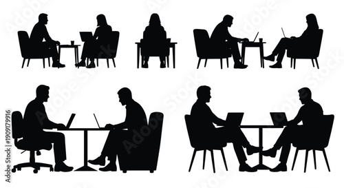 Silhouettes of people seated at desks and tables working or conversing