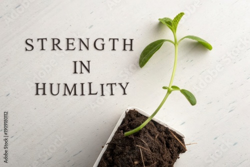 A small plant sprouting with the words Strength in Humility