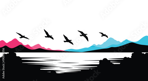 Minimalist landscape with silhouetted birds flying over mountains and water