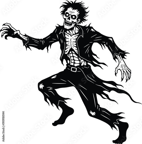 Aggressive zombie skeleton illustration with torn clothing attacking pose horror character vector isolated on white background for halloween design art